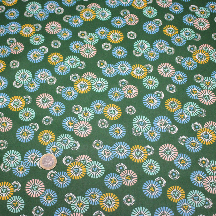 Tissu coton aux soleils ASAHI, motif traditionnel japonais, tons vert prairie - OEKO-TEX