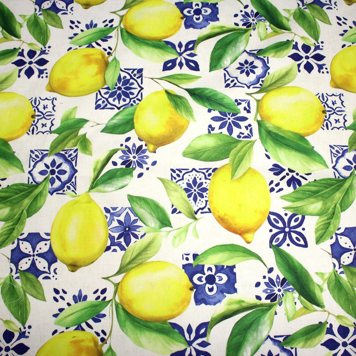 Tissu gabardine coton imprimée motif citrons jaunes & carreaux de faïence bleus - TissusPapi.com