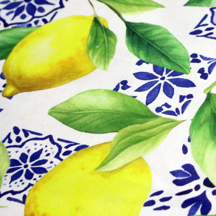Tissu gabardine coton imprimée motif citrons jaunes & carreaux de faïence bleus - TissusPapi.com