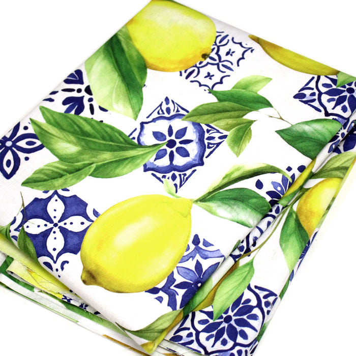 Tissu gabardine coton imprimée motif citrons jaunes & carreaux de faïence bleus - TissusPapi.com