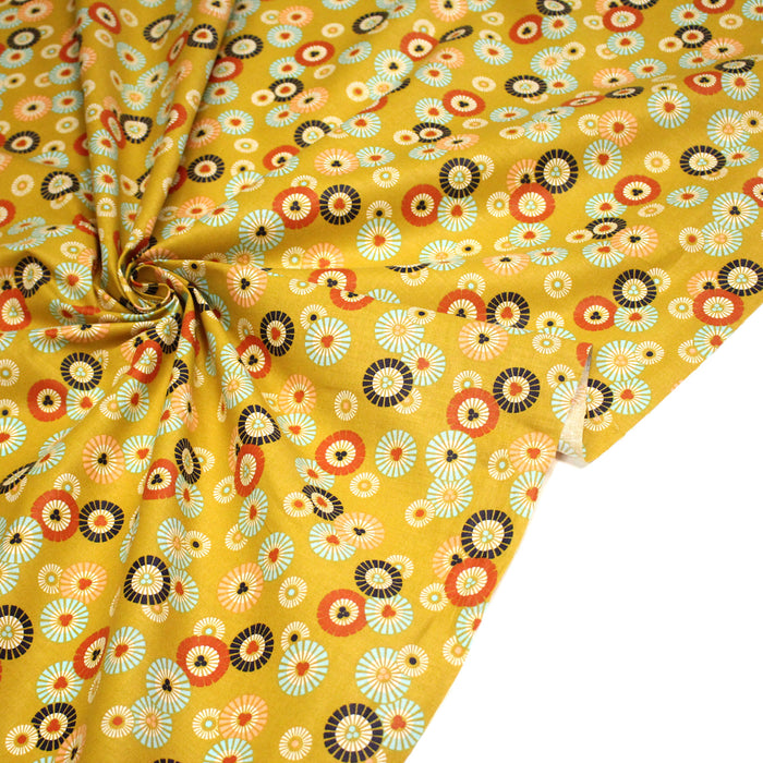 Tissu coton aux soleils ASAHI, motif traditionnel japonais, tons jaune moutarde - OEKO-TEX