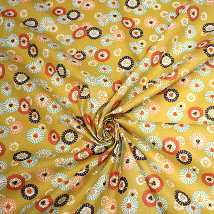 Tissu coton aux soleils ASAHI, motif traditionnel japonais, tons jaune moutarde - OEKO-TEX