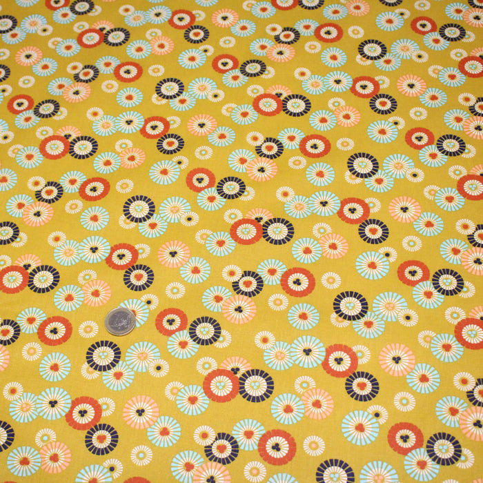 Tissu coton aux soleils ASAHI, motif traditionnel japonais, tons jaune moutarde - OEKO-TEX