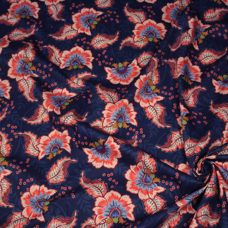Tissu INDIENNES, gabardine coton imprimée fleurie colorée, fond bleu - OEKO - TEX - TissusPapi.com