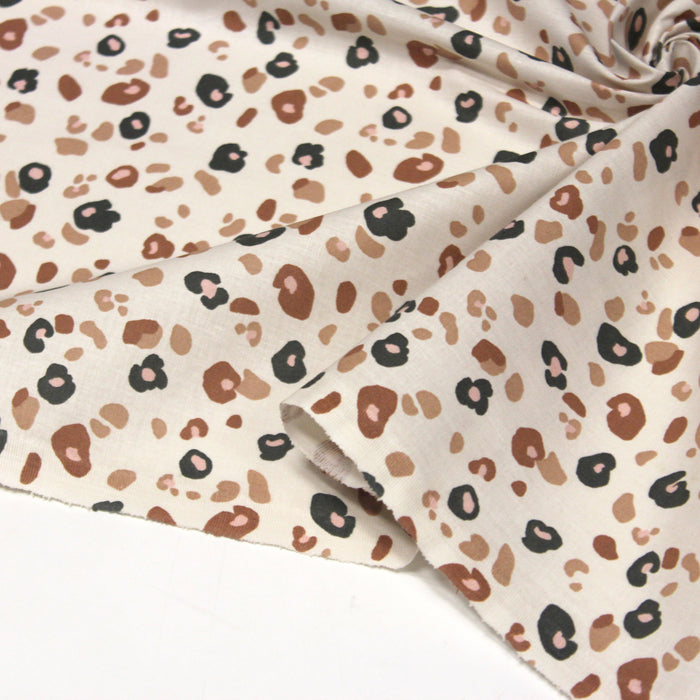 Tissu de coton Léopard, écru et tâches léopard noires, roses, ocres - OEKO-TEX