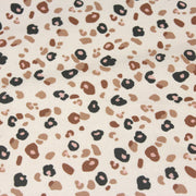 Tissu cotonnade LEOPARD, écru et taches léopard noires, roses, ocres - OEKO - TEX STANDARD 100 - TissusPapi.com