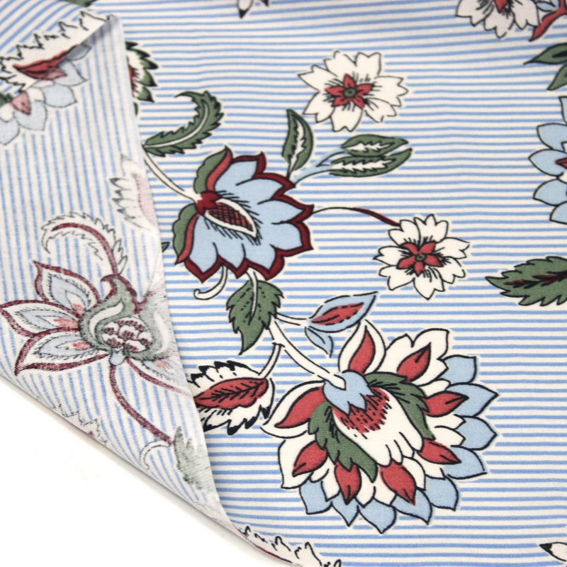 Tissu cotonnade RAIPUR imprimé indienne fleurie et fond fines rayures bleu ciel - OEKO-TEX STANDARD 100 - TissusPapi.com