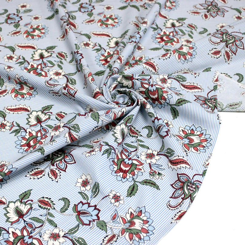 Tissu cotonnade RAIPUR imprimé indienne fleurie et fond fines rayures bleu ciel - OEKO-TEX STANDARD 100 - TissusPapi.com