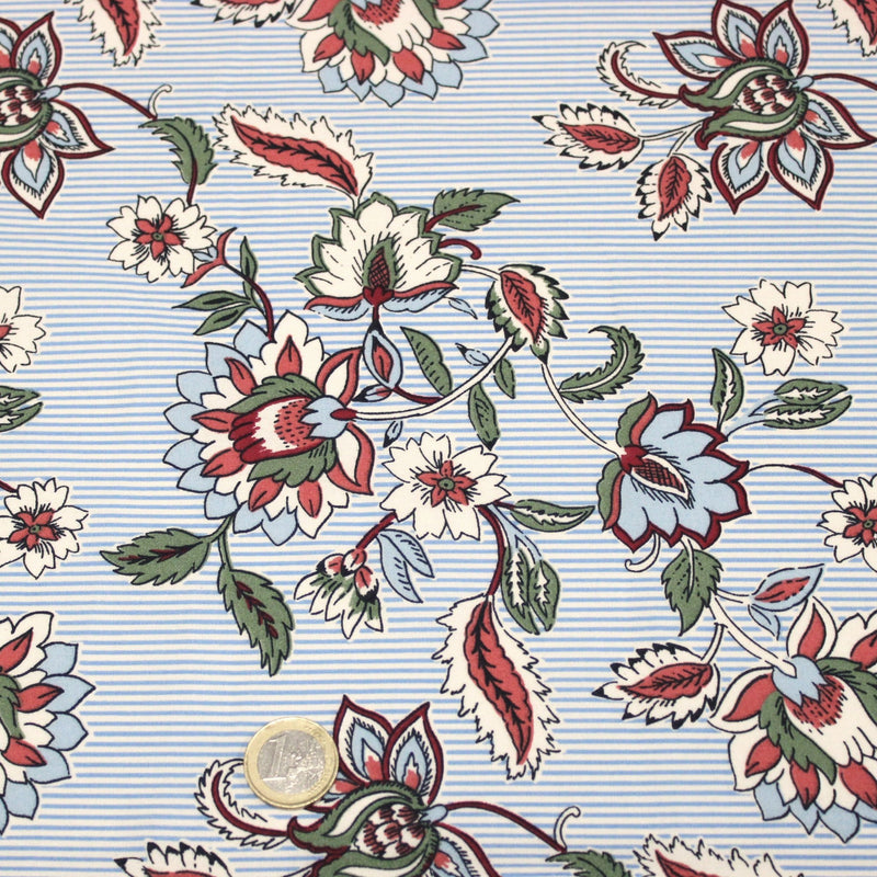 Tissu cotonnade RAIPUR imprimé indienne fleurie et fond fines rayures bleu ciel - OEKO-TEX STANDARD 100 - TissusPapi.com