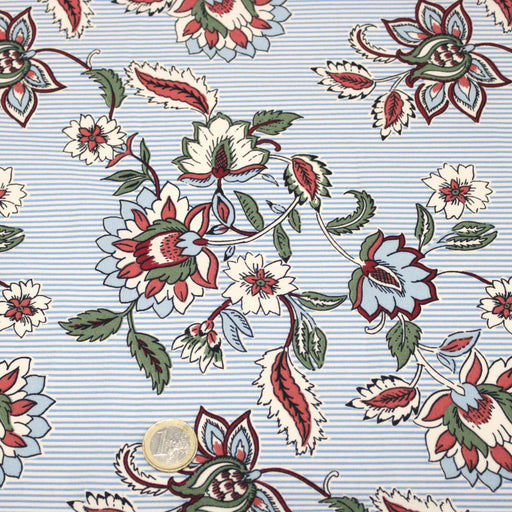 Tissu cotonnade RAIPUR imprimé indienne fleurie et fond fines rayures bleu ciel - OEKO-TEX STANDARD 100 - TissusPapi.com