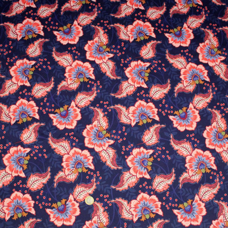Tissu INDIENNES, gabardine coton imprimée fleurie colorée, fond bleu - OEKO - TEX - TissusPapi.com