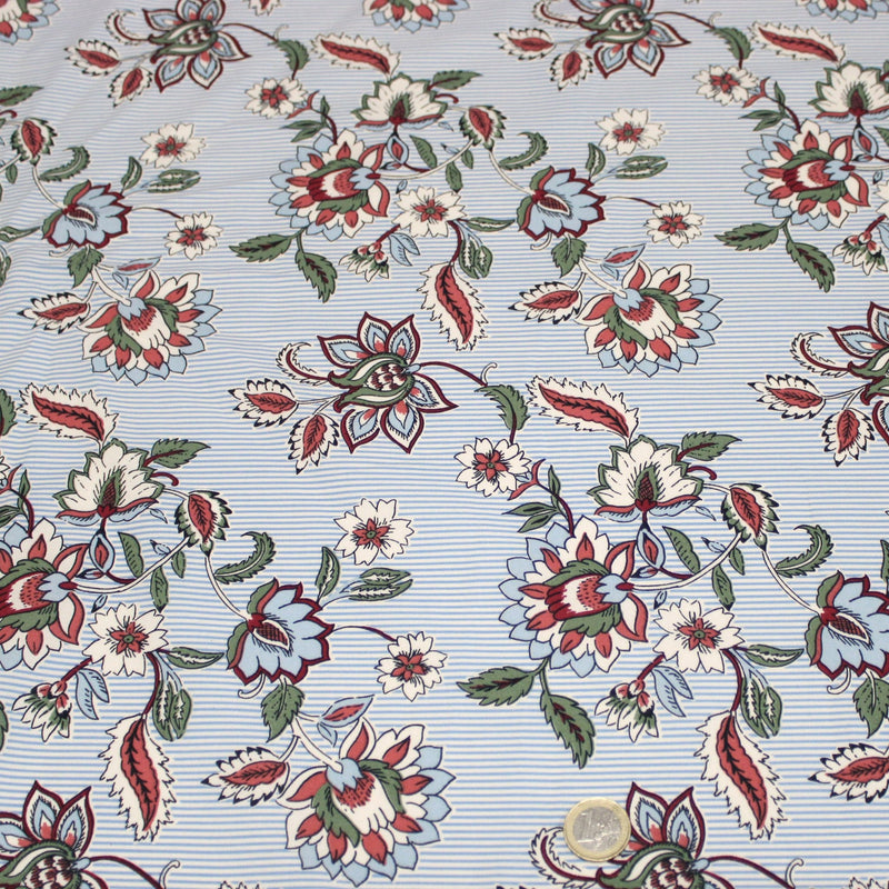 Tissu cotonnade RAIPUR imprimé indienne fleurie et fond fines rayures bleu ciel - OEKO-TEX STANDARD 100 - TissusPapi.com