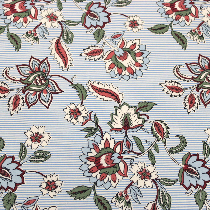 Tissu cotonnade RAIPUR imprimé indienne fleurie et fond fines rayures bleu ciel - OEKO-TEX STANDARD 100 - TissusPapi.com