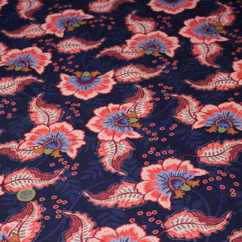 Tissu INDIENNES, gabardine coton imprimée fleurie colorée, fond bleu - OEKO - TEX - TissusPapi.com
