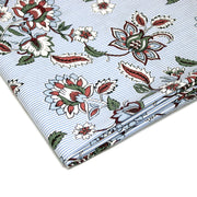 Tissu cotonnade RAIPUR imprimé indienne fleurie et fond fines rayures bleu ciel - OEKO-TEX STANDARD 100 - TissusPapi.com
