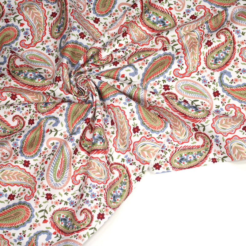 Tissu INDIENNES, gabardine coton imprimée motif cachemire coloré, fond blanc - OEKO - TEX - TissusPapi.com