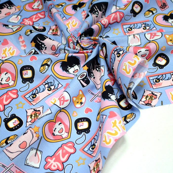Tissu cotonnade motif japonais KAWAII rose orange bleu  - OEKO-TEX