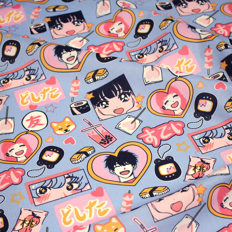 Tissu cotonnade motif japonais KAWAII rose orange bleu - OEKO - TEX - TissusPapi.com