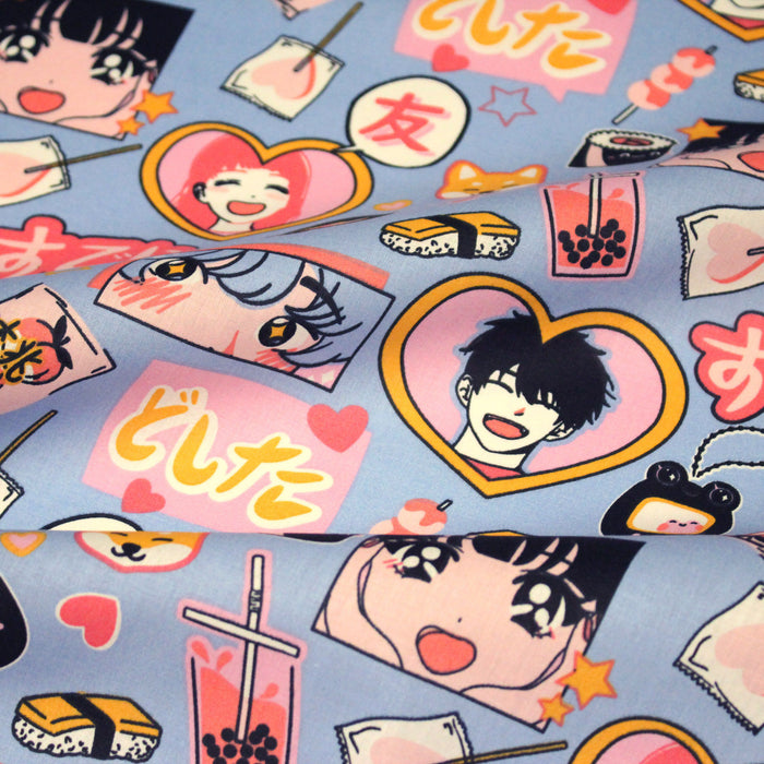 Tissu cotonnade motif japonais KAWAII rose orange bleu  - OEKO-TEX