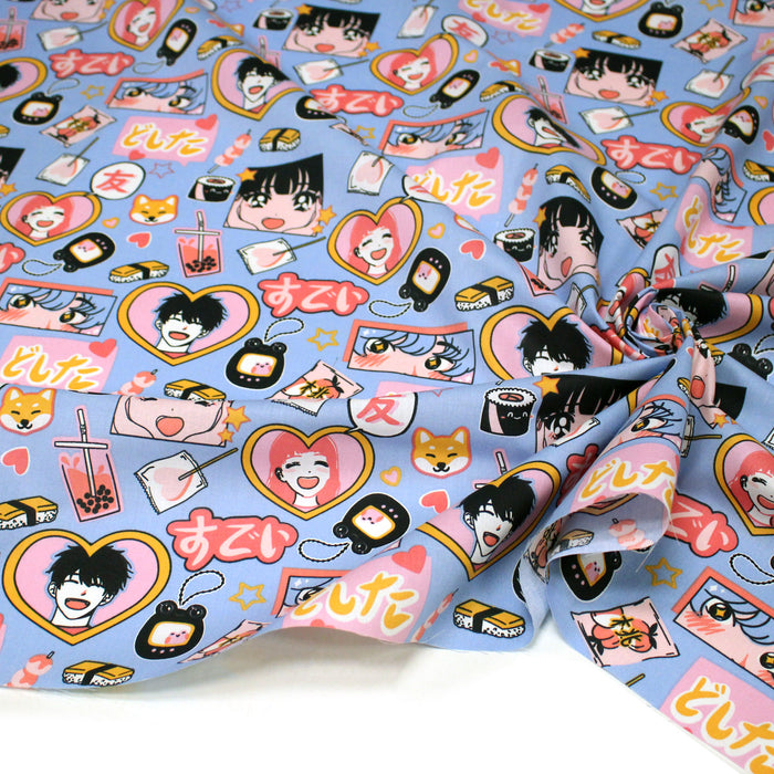 Tissu cotonnade motif japonais KAWAII rose orange bleu  - OEKO-TEX