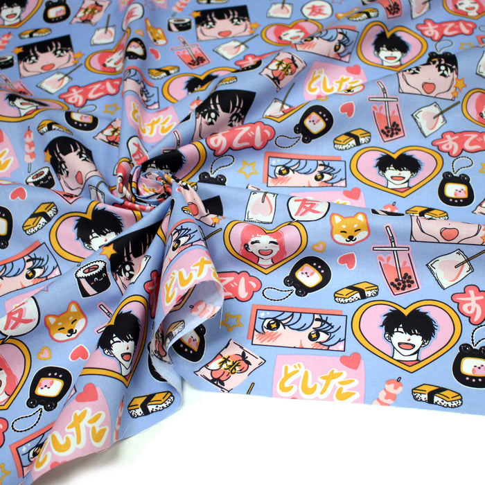 Tissu cotonnade motif japonais KAWAII rose orange bleu  - OEKO-TEX