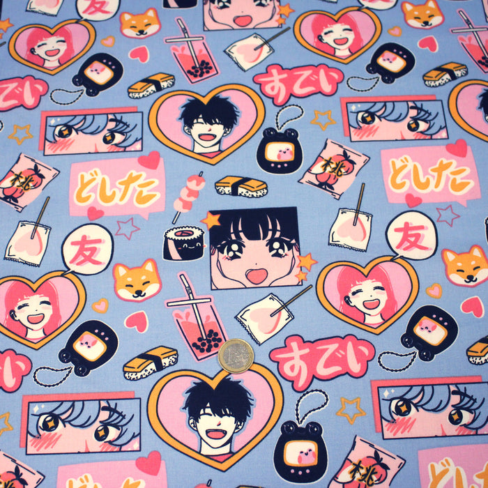 Tissu cotonnade motif japonais KAWAII rose orange bleu  - OEKO-TEX