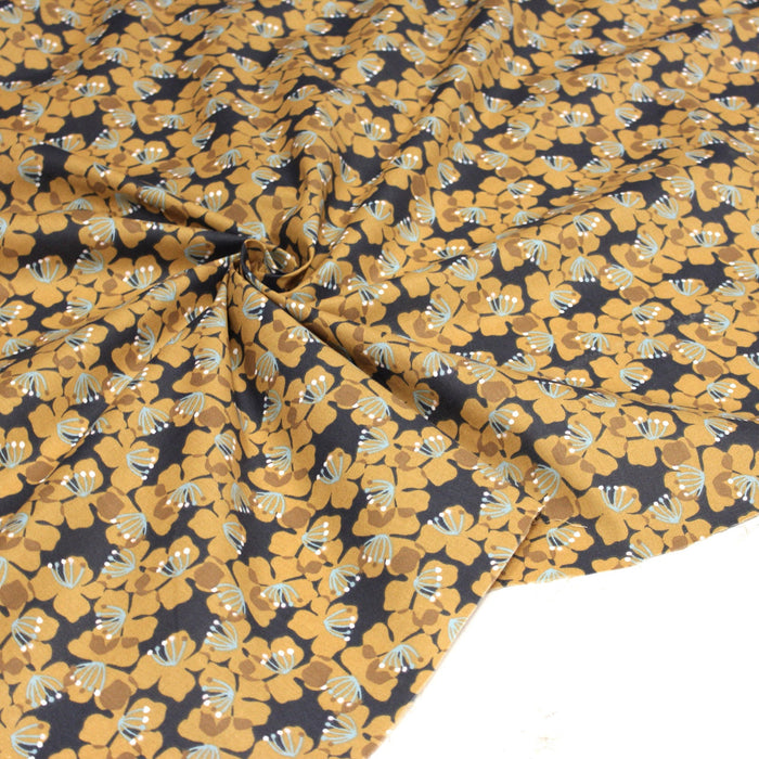 Tissu de coton aux fleurs jaunes moutarde, fond gris bleu - COLLECTION KAMEKO - OEKO-TEX®