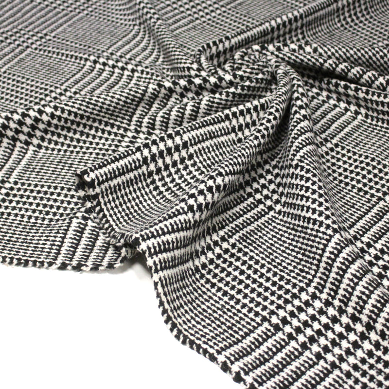 Tissu lainage à grands carreaux & pied de coq noirs et blancs - Fabrication italienne - TissusPapi.com