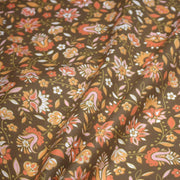 Tissu cotonnade caramel aux fleurs blanches oranges roses, tons SEVENTIES - TissusPapi.com