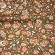 Tissu cotonnade caramel aux fleurs blanches oranges roses, tons SEVENTIES - TissusPapi.com