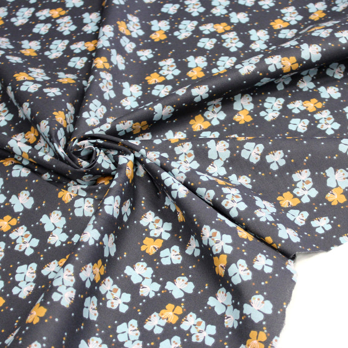 Tissu de coton gris bleu aux fleurs jaunes et bleues - COLLECTION KAMEKO - OEKO-TEX®