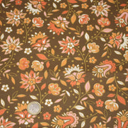 Tissu cotonnade caramel aux fleurs blanches oranges roses, tons SEVENTIES - TissusPapi.com