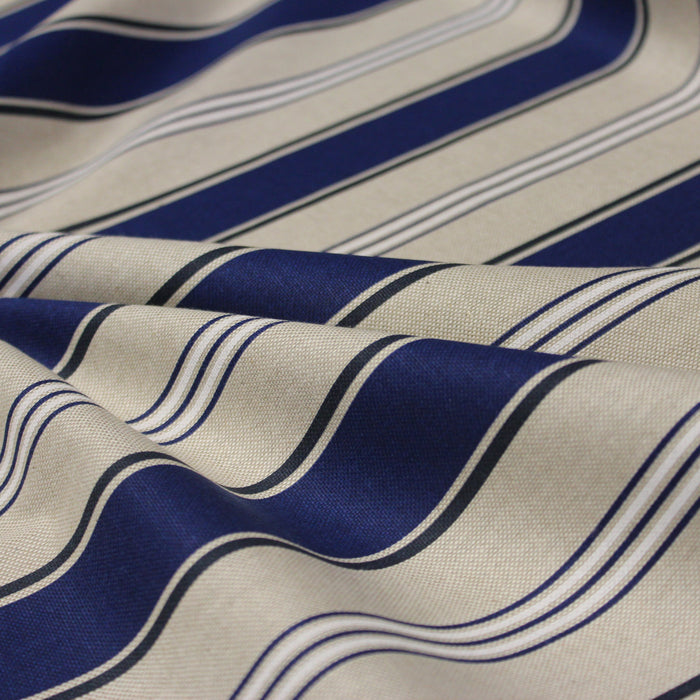Tissu toile à matelas de coton aux rayures bleues et blanches, fond lin - COLLECTION ANTIBES AZUR