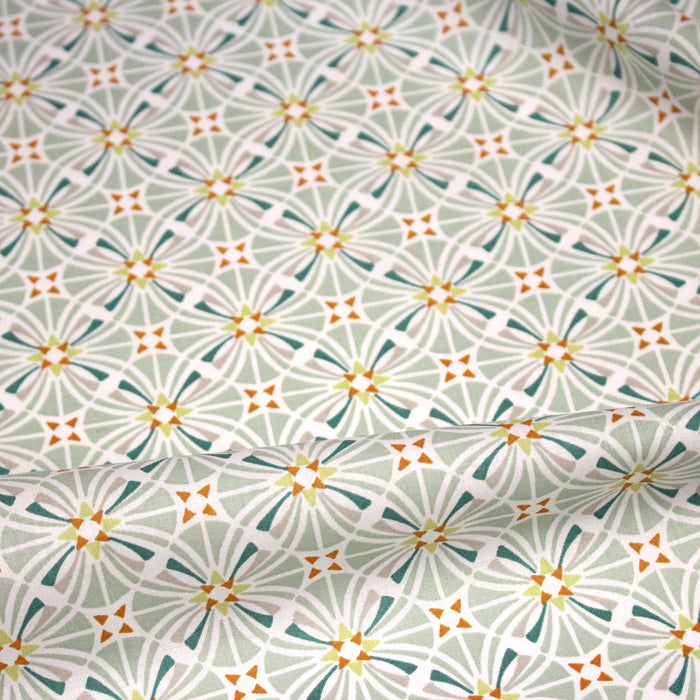 Tissu cotonnade fleuri géométrique ART NOUVEAU, vert amande, bleu canard, orange - OEKO-TEX STANDARD 100