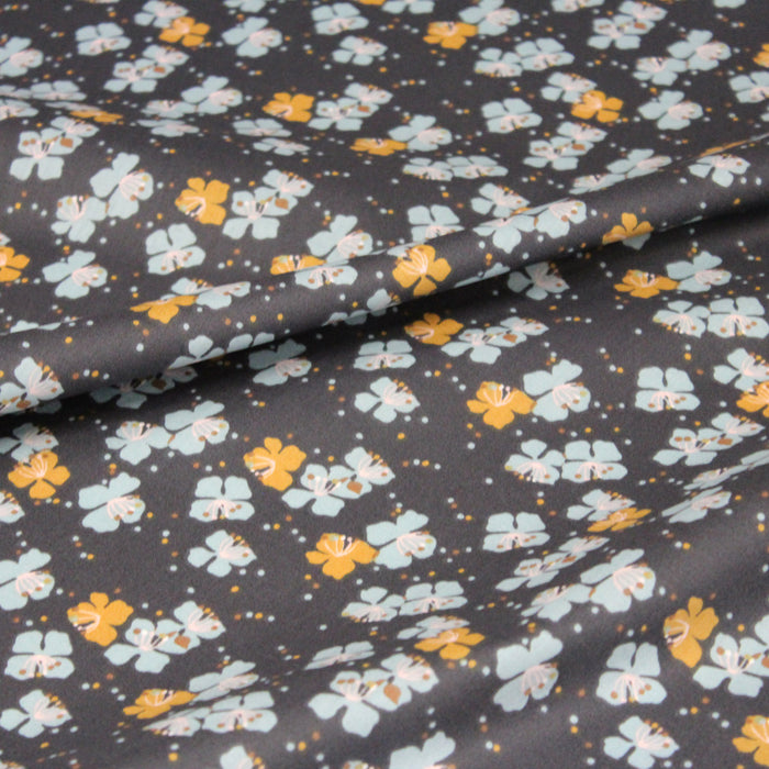 Tissu de coton gris bleu aux fleurs jaunes et bleues - COLLECTION KAMEKO - OEKO-TEX®