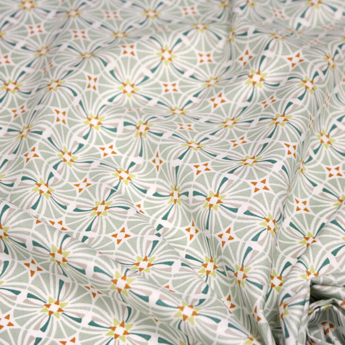 Tissu cotonnade fleuri géométrique ART NOUVEAU, vert amande, bleu canard, orange - OEKO-TEX STANDARD 100