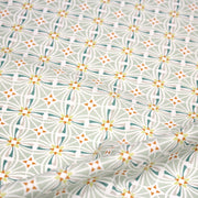 Tissu cotonnade fleuri géométrique ART NOUVEAU, vert amande, bleu canard, orange - OEKO - TEX STANDARD 100 - TissusPapi.com