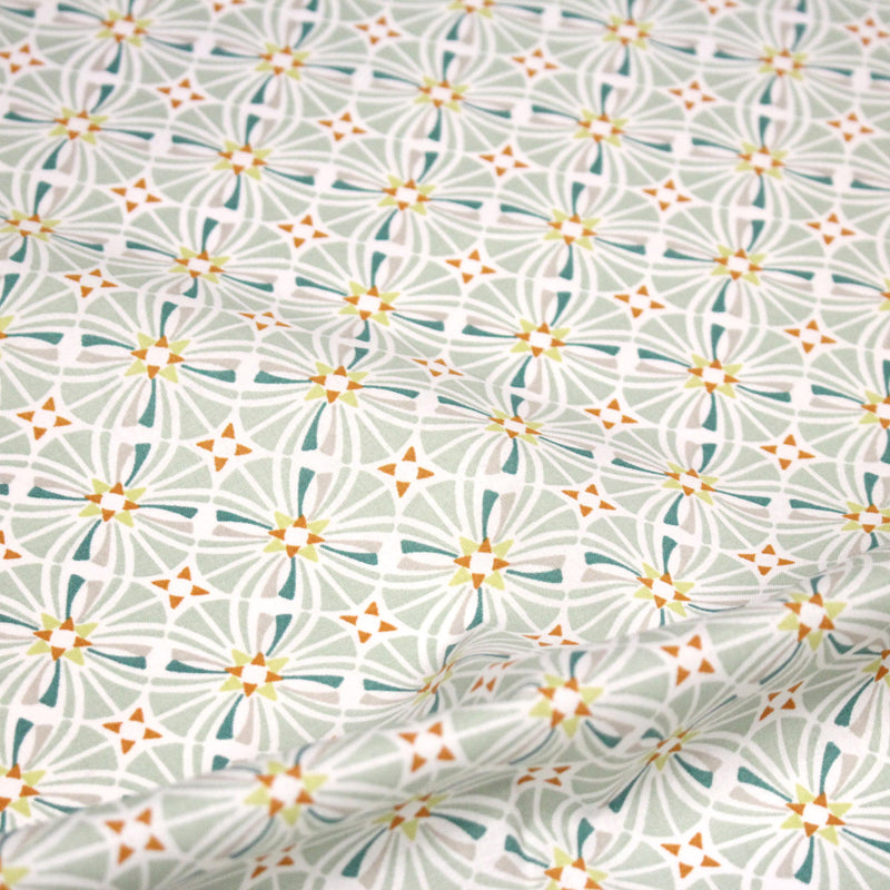 Tissu cotonnade fleuri géométrique ART NOUVEAU, vert amande, bleu canard, orange - OEKO - TEX STANDARD 100 - TissusPapi.com