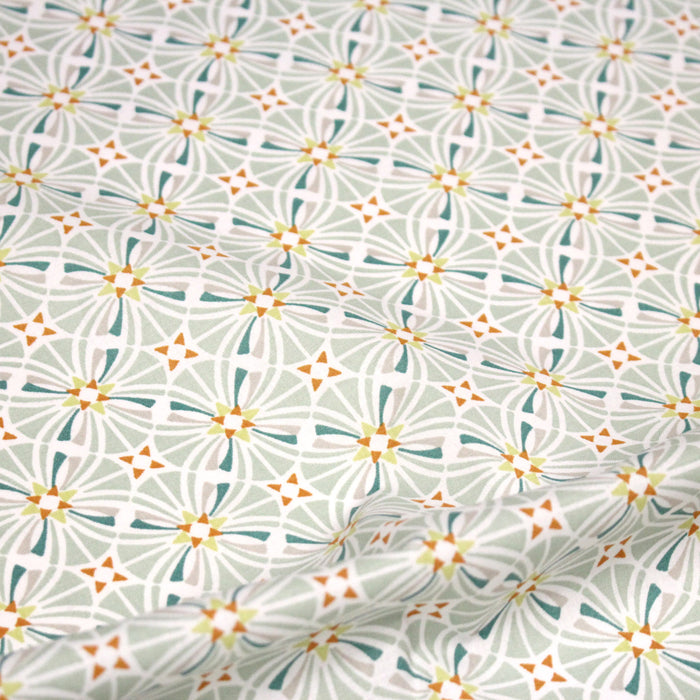 Tissu cotonnade fleuri géométrique ART NOUVEAU, vert amande, bleu canard, orange - OEKO-TEX STANDARD 100