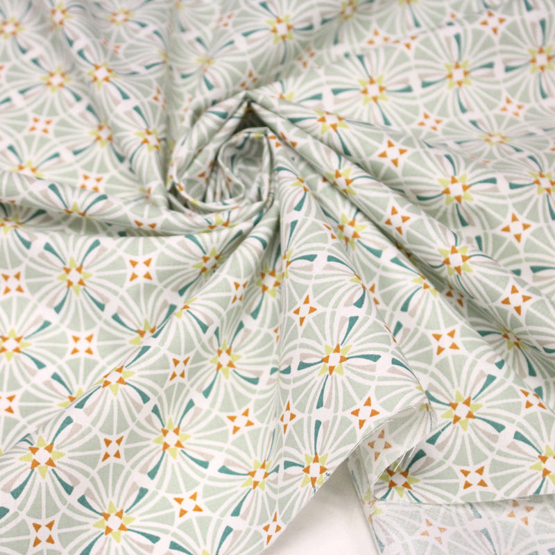 Tissu cotonnade fleuri géométrique ART NOUVEAU, vert amande, bleu canard, orange - OEKO - TEX STANDARD 100 - TissusPapi.com