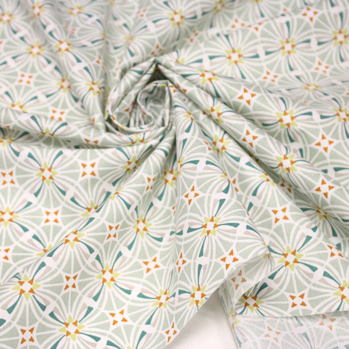 Tissu cotonnade fleuri géométrique ART NOUVEAU, vert amande, bleu canard, orange - OEKO-TEX STANDARD 100