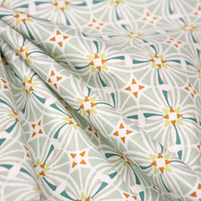 Tissu cotonnade fleuri géométrique ART NOUVEAU, vert amande, bleu canard, orange - OEKO-TEX STANDARD 100