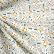 Tissu cotonnade fleuri géométrique ART NOUVEAU, vert amande, bleu canard, orange - OEKO - TEX STANDARD 100 - TissusPapi.com