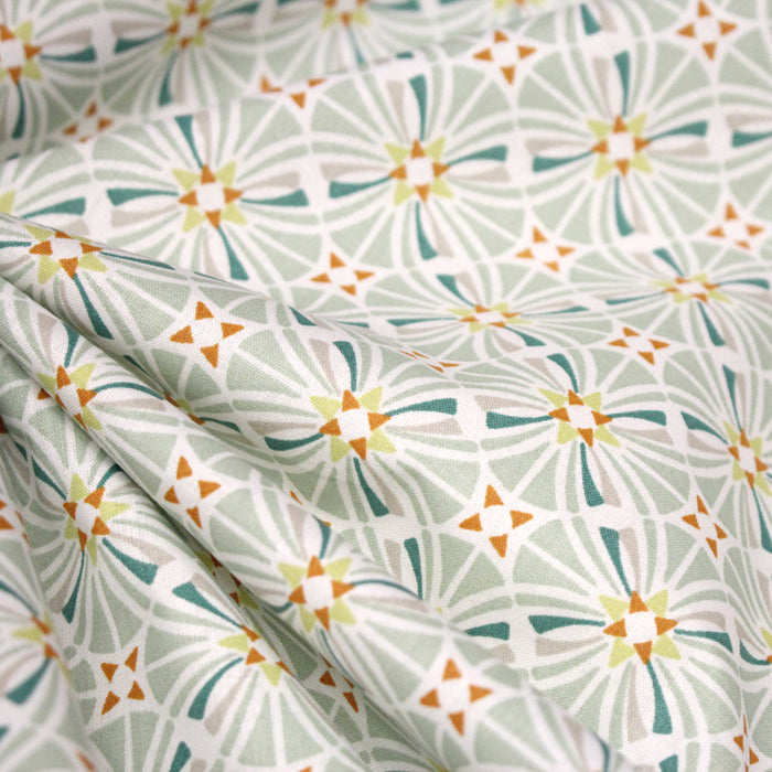 Tissu cotonnade fleuri géométrique ART NOUVEAU, vert amande, bleu canard, orange - OEKO-TEX STANDARD 100