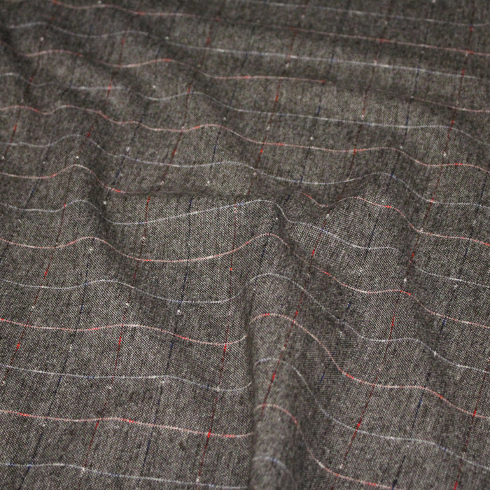 Tissu draperie caviar chocolat & écru aux fins liserés écrus, bleus et rouges - Fabrication italienne