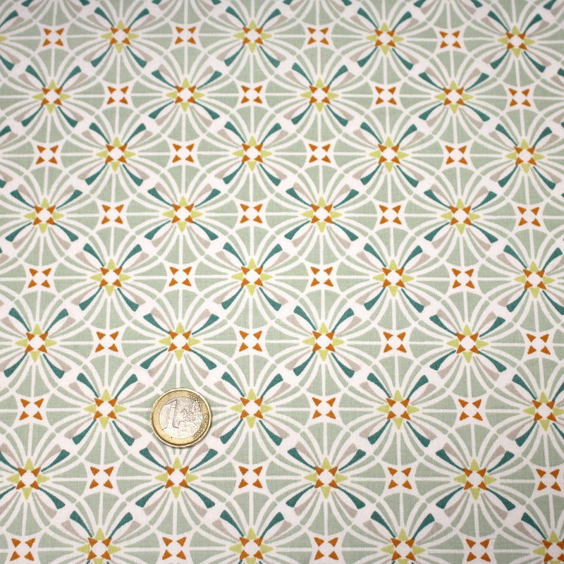 Tissu cotonnade fleuri géométrique ART NOUVEAU, vert amande, bleu canard, orange - OEKO - TEX STANDARD 100 - TissusPapi.com