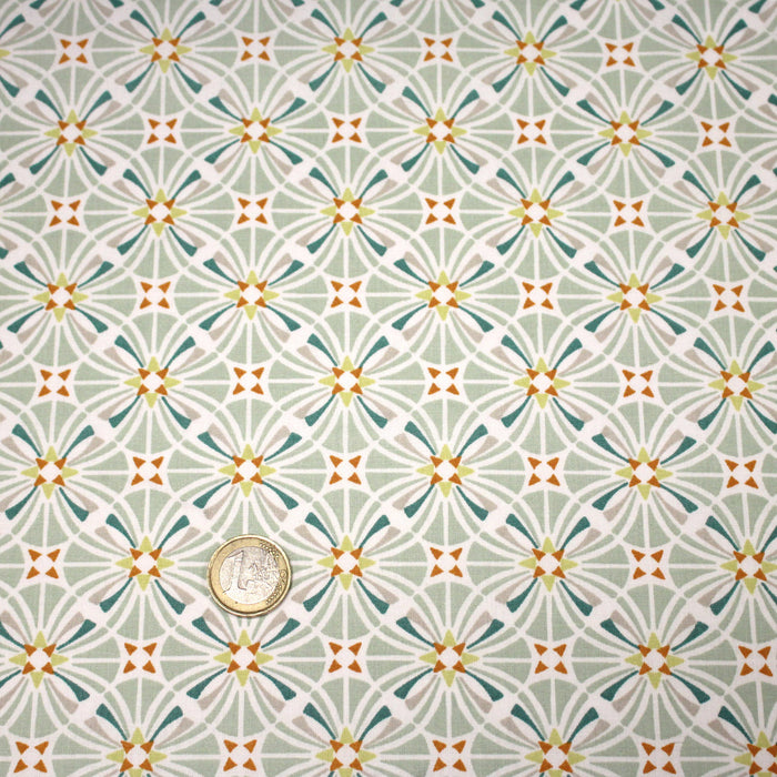 Tissu cotonnade fleuri géométrique ART NOUVEAU, vert amande, bleu canard, orange - OEKO-TEX STANDARD 100