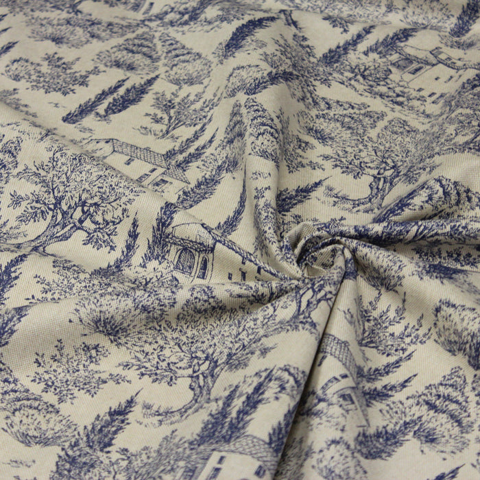 Tissu Toile de Jouy lin & motif bleu indigo - COLLECTION CAMPAGNE DE PROVENCE