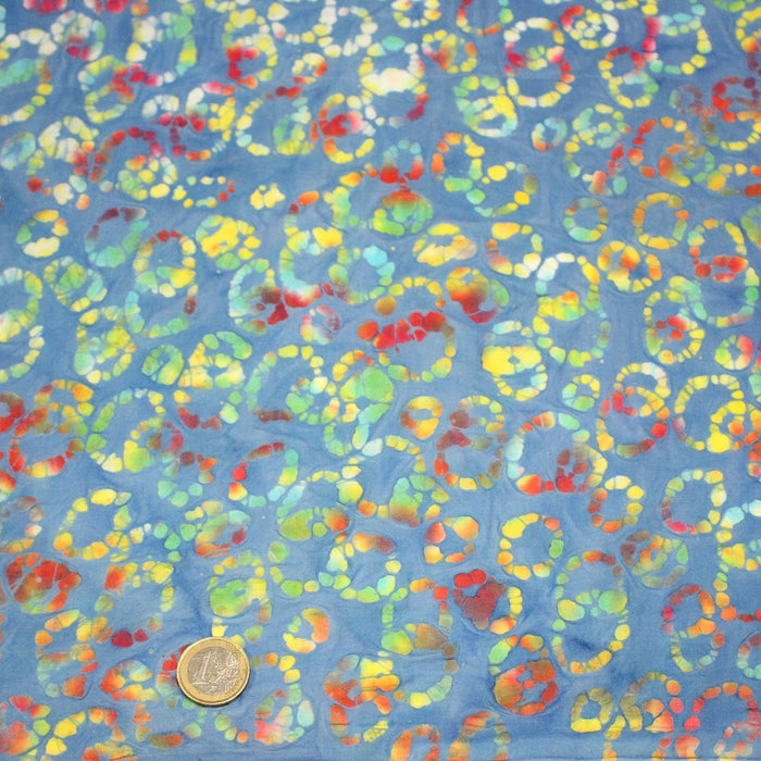 Tissu coton block print bleu aux cercles de pois multicolores - MADE IN INDIA - TissusPapi.com