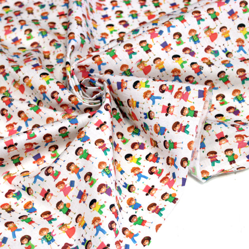 Tissu cotonnade enfant LA JOYEUSE RÉCRÉ – Petits écoliers multicolores, garçons et filles - TissusPapi.com